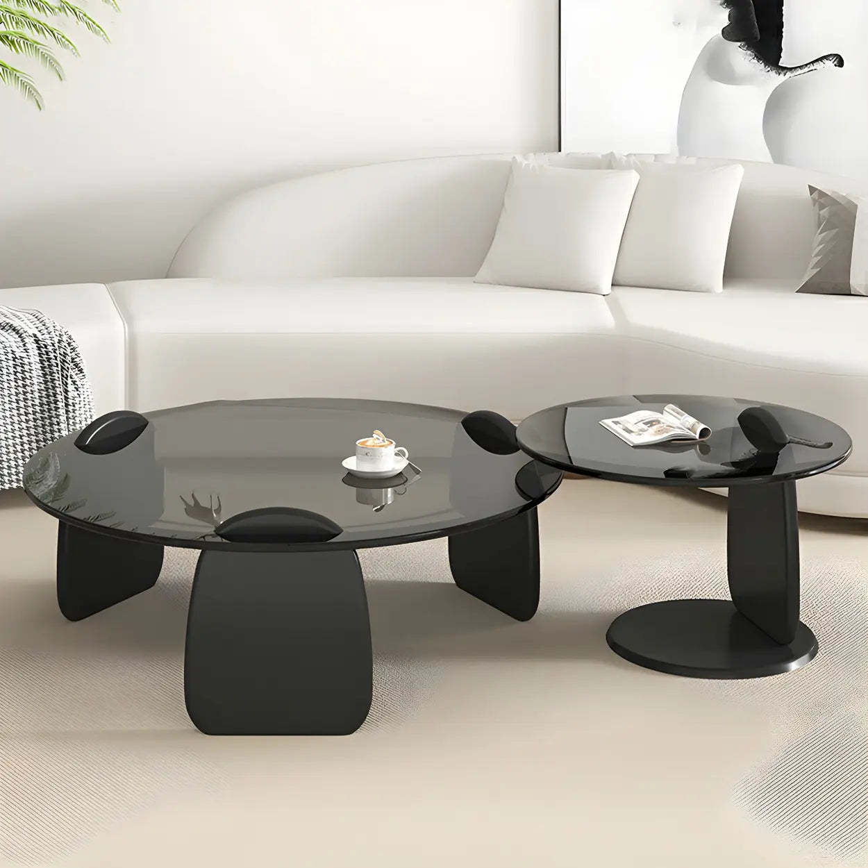 Round Glass Coffee Table with Wood Legs — Clear Glass / Black