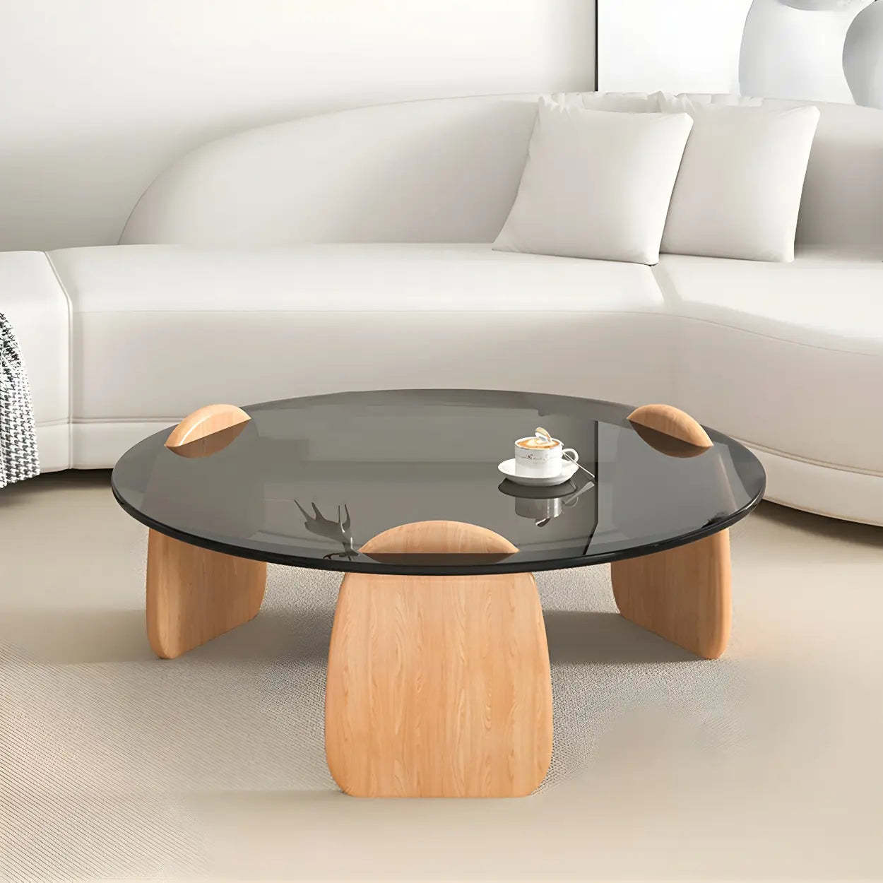 Round Glass Coffee Table with Wood Legs — Clear Glass / Natural Finish
