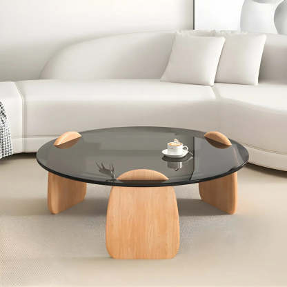 Round Glass Coffee Table with Wood Legs — Clear Glass / Natural Finish