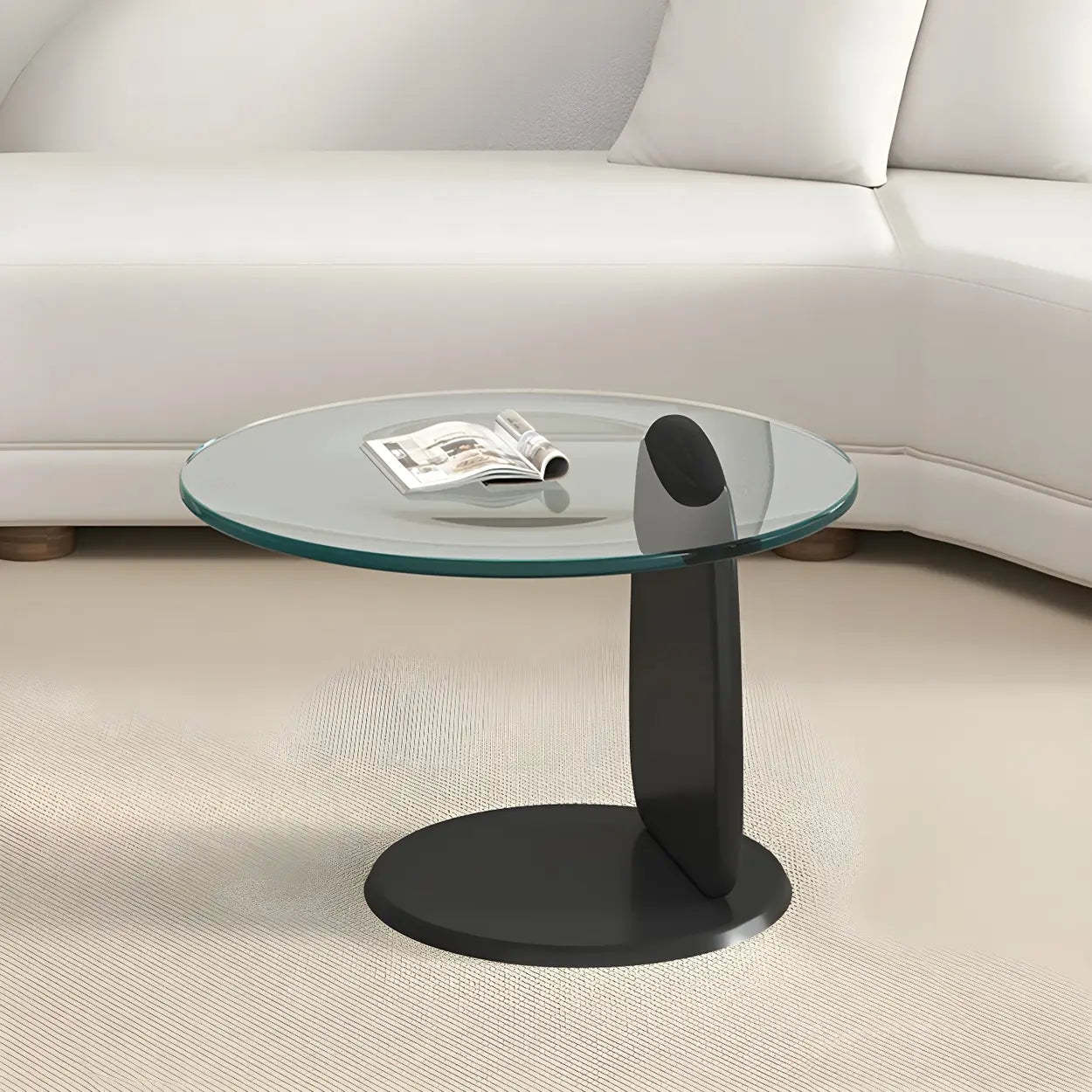 Round Glass Coffee Table with Wood Legs — Cranberry Glass / Black