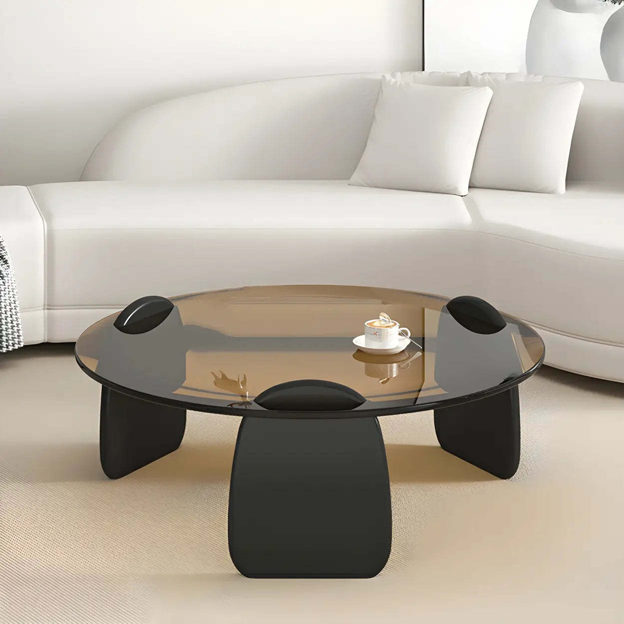 Round Glass Coffee Table with Wood Legs — Gray Glass / Black