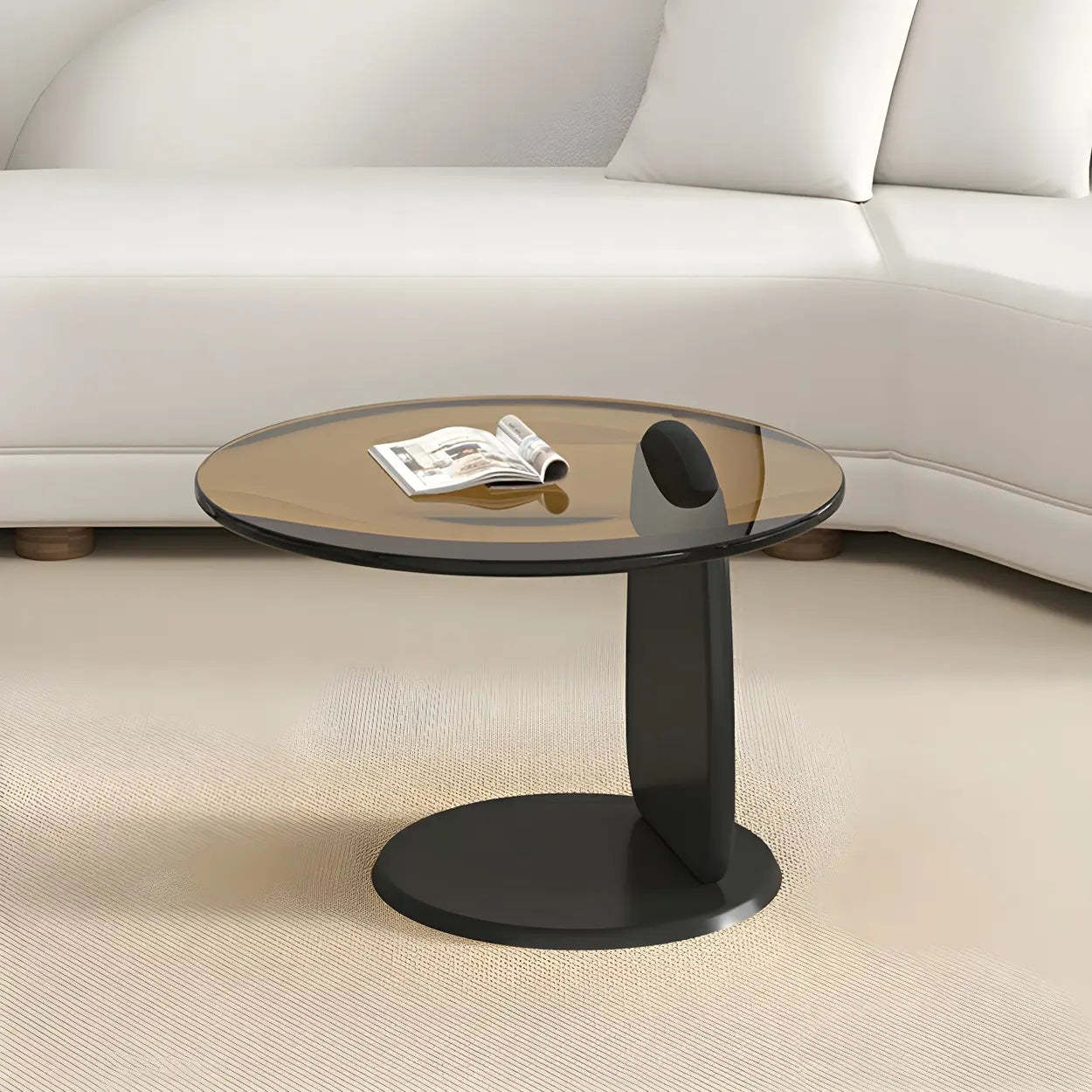 Round Glass Coffee Table with Wood Legs — Gray Glass / Natural Finish