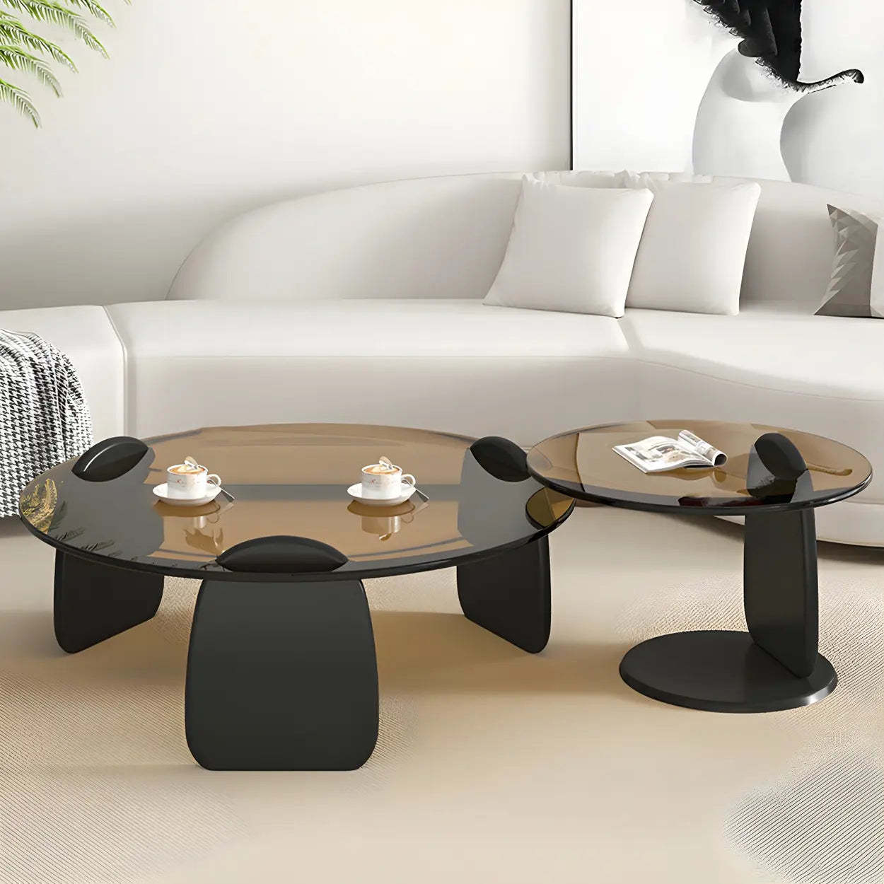 Round Glass Coffee Table with Wood Legs — Clear Glass / Black