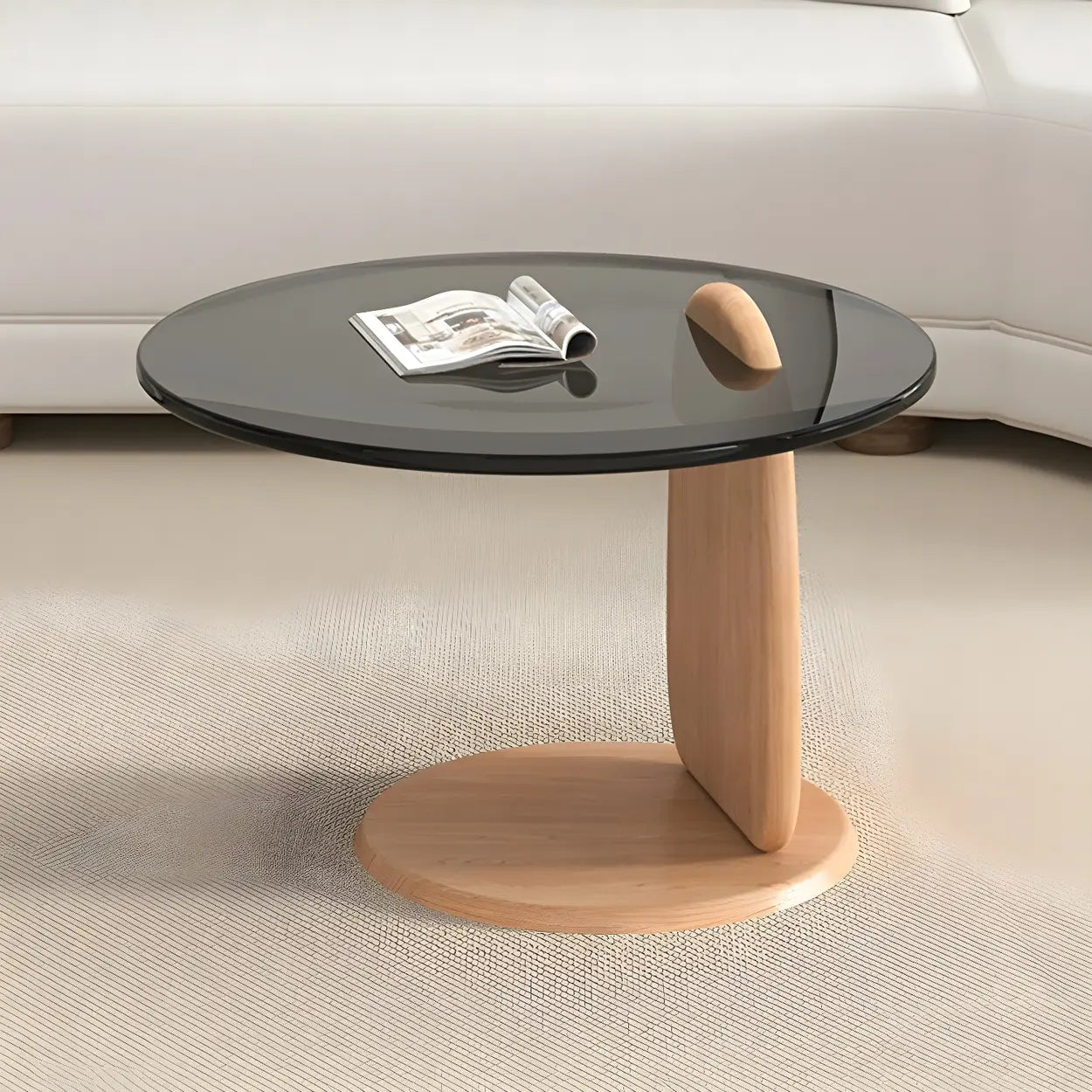 Round Glass Coffee Table with Wood Legs — Cranberry Glass / Black