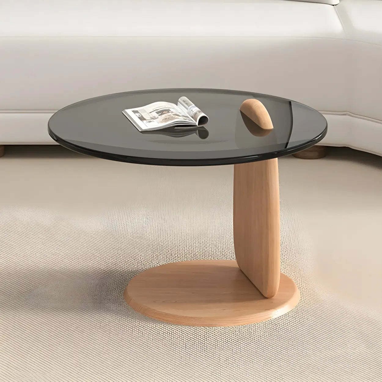 Round Glass Coffee Table with Wood Legs — Cranberry Glass / Black