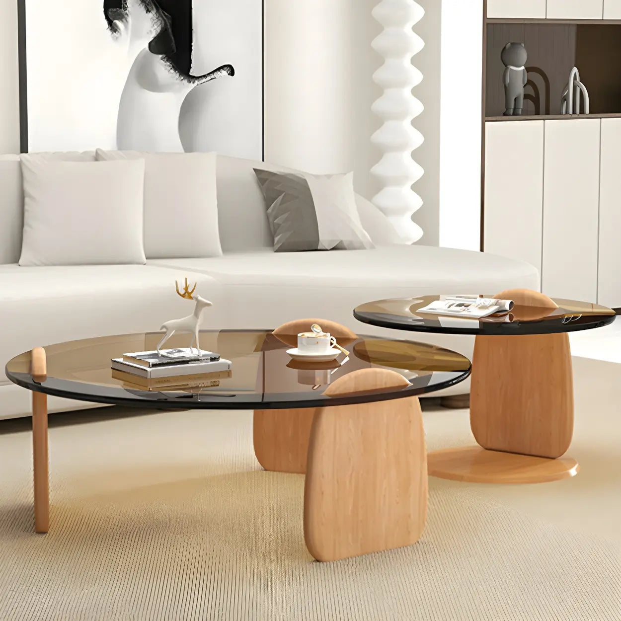 Round Glass Coffee Table with Wood Legs — Cranberry Glass / Natural Finish