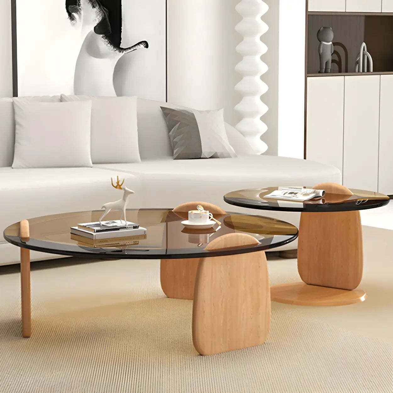 Round Glass Coffee Table with Wood Legs — Cranberry Glass / Natural Finish