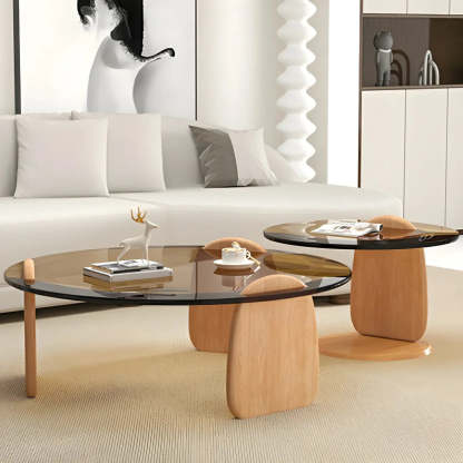 Round Glass Coffee Table with Wood Legs — Cranberry Glass / Natural Finish
