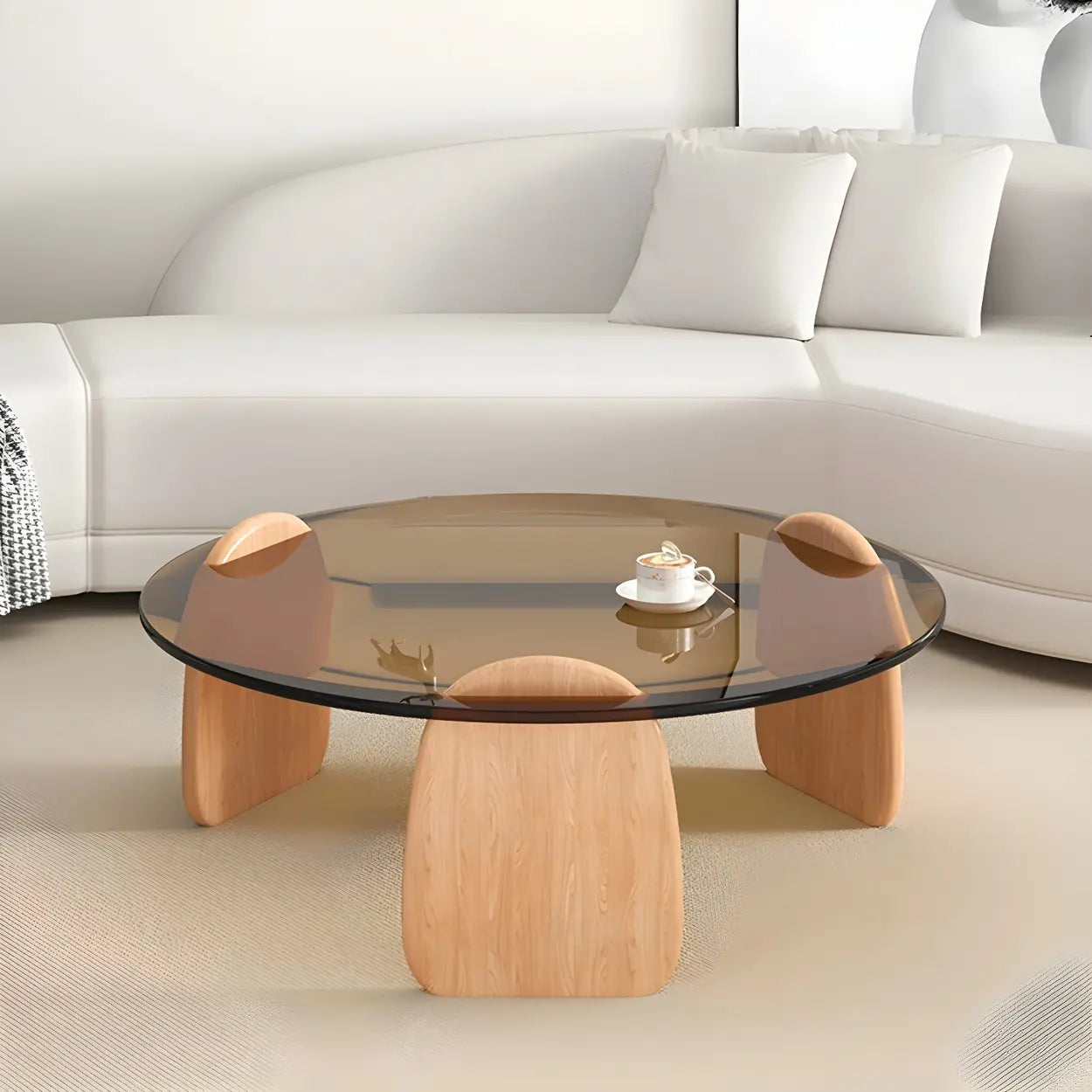 Round Glass Coffee Table with Wood Legs — Clear Glass / Black