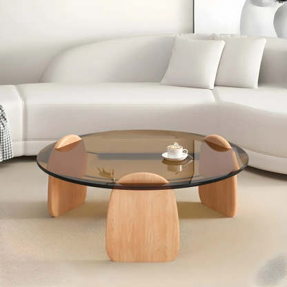 Round Glass Coffee Table with Wood Legs — Clear Glass / Black