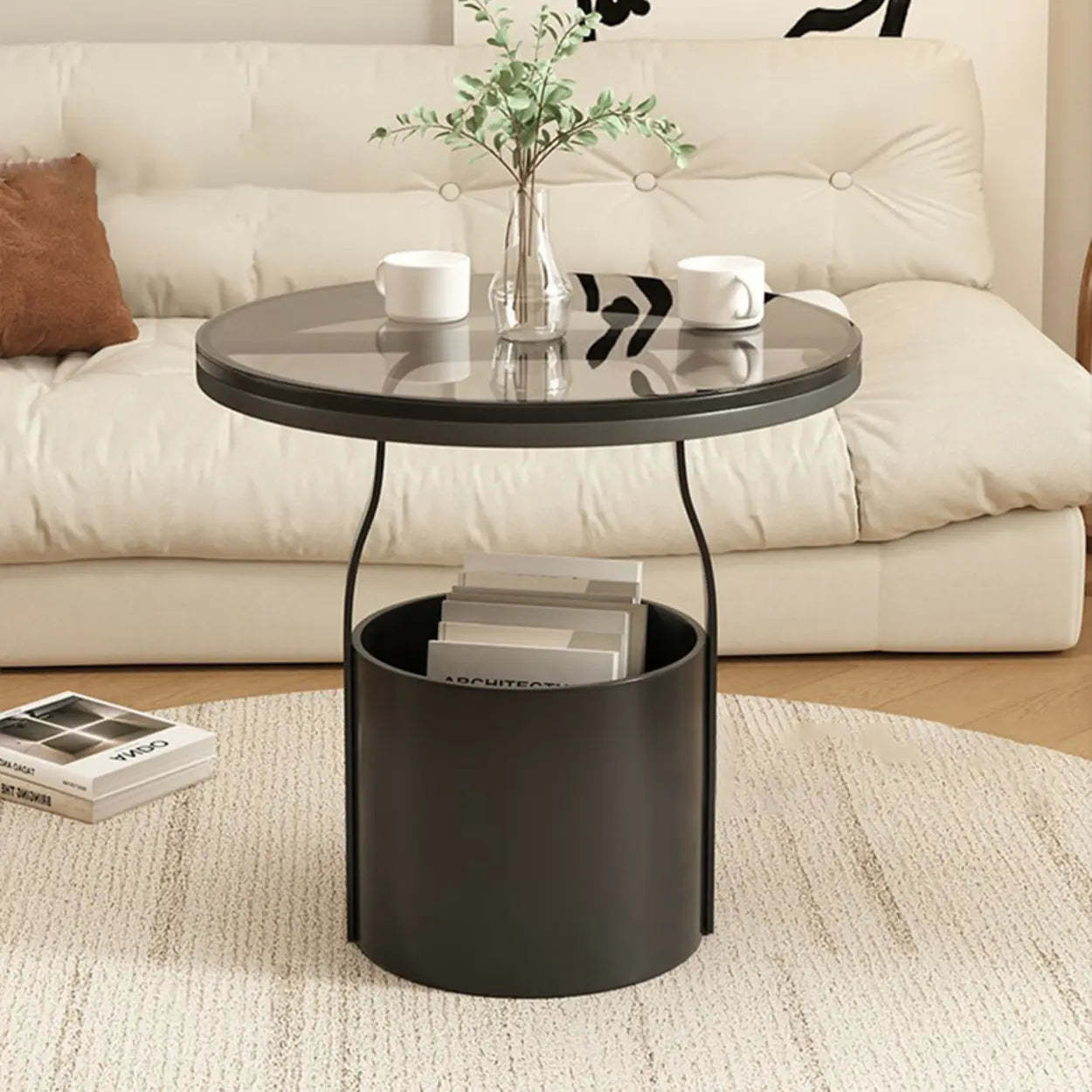 Modern round pedestal wood coffee tables, Lighom — Glass / Black