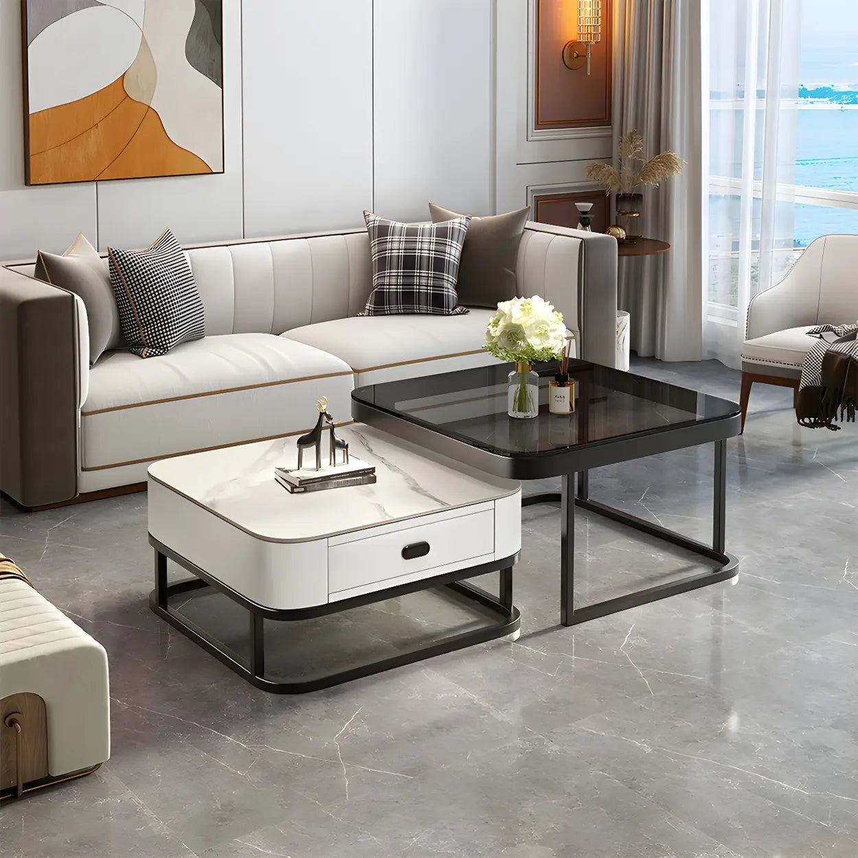 Square Stone Nesting Coffee Tables with Iron Frame — Black Gray-White / Black