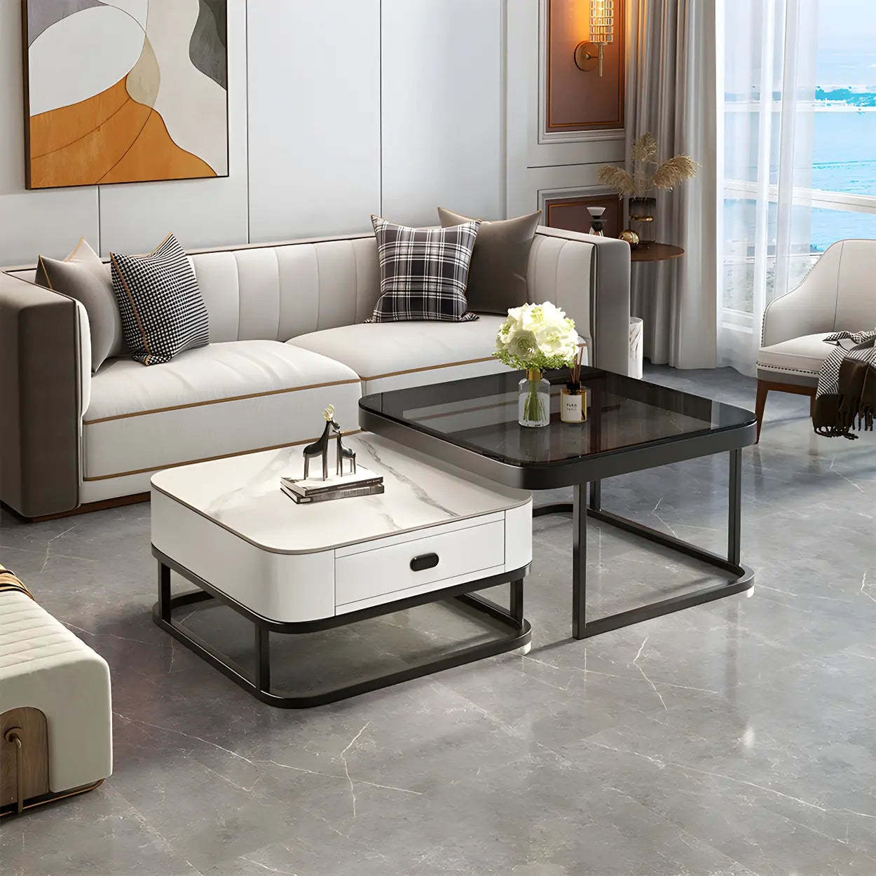 Square Stone Nesting Coffee Tables with Iron Frame — Black Gray-White / Black