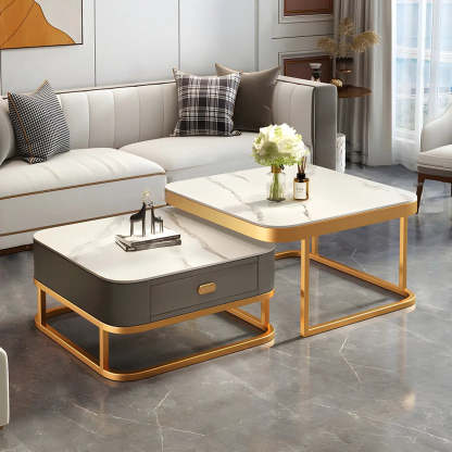 Square Stone Nesting Coffee Tables with Iron Frame — Gray & White / Gold