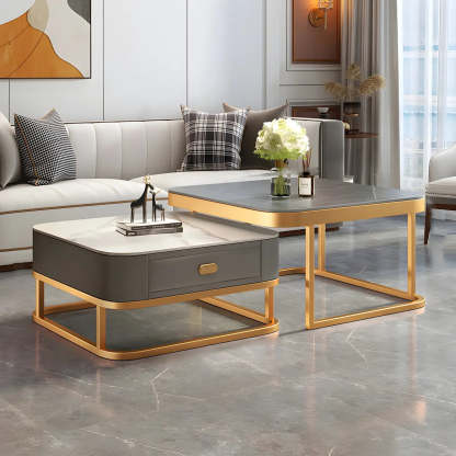 Square Stone Nesting Coffee Tables with Iron Frame — Gold-grey / Gold