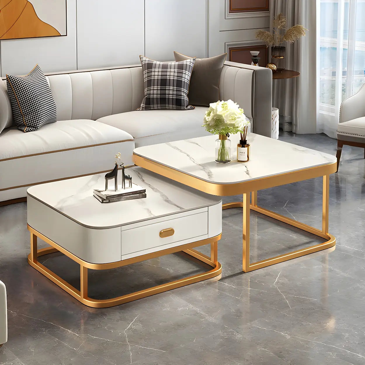 Square Stone Nesting Coffee Tables with Iron Frame — Gold-Gray-White / Gold