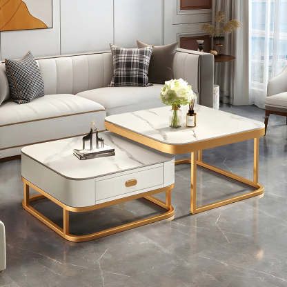 Square Stone Nesting Coffee Tables with Iron Frame — Gold-Gray-White / Gold