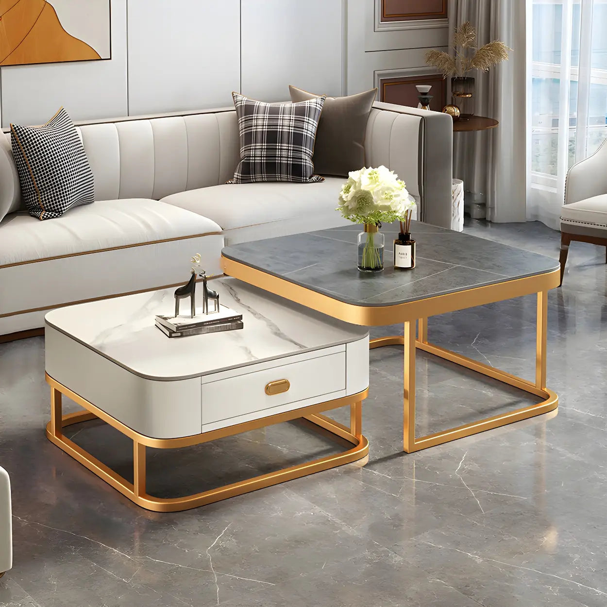 Square Stone Nesting Coffee Tables with Iron Frame — Gold-White-Orange / Gold
