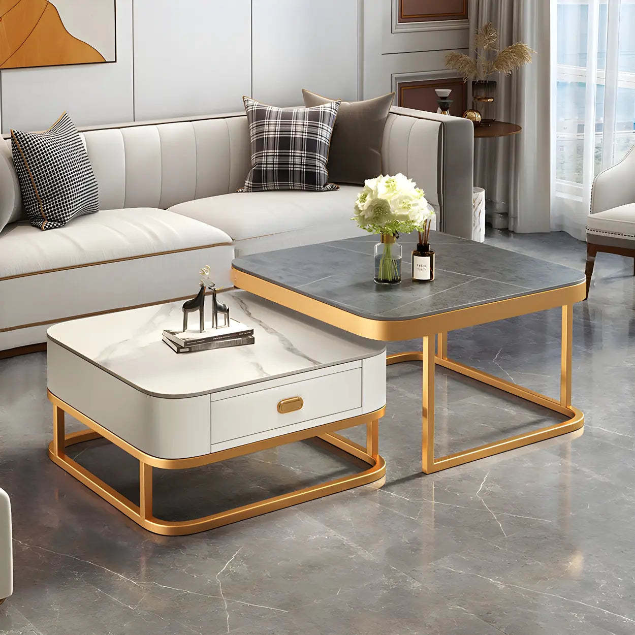 Square Stone Nesting Coffee Tables with Iron Frame — Gold-White-Orange / Gold