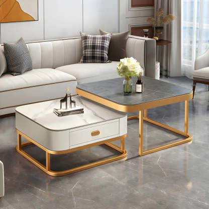 Square Stone Nesting Coffee Tables with Iron Frame — Gold-White-Orange / Gold