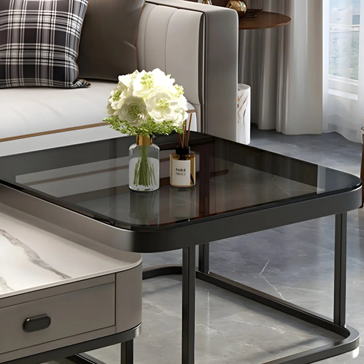 Square Stone Nesting Coffee Tables with Iron Frame