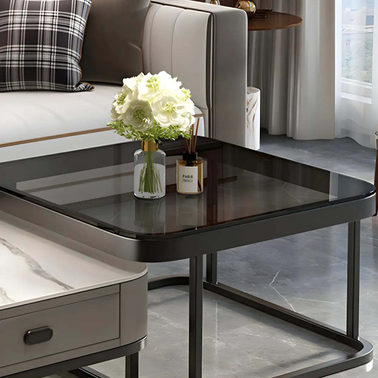 Square Stone Nesting Coffee Tables with Iron Frame