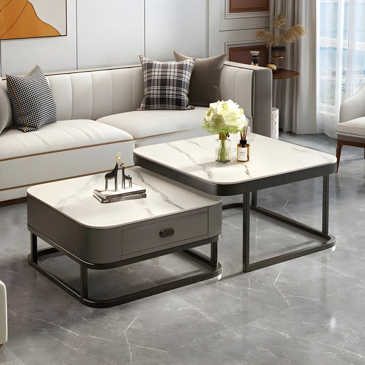 Square Stone Nesting Coffee Tables with Iron Frame
