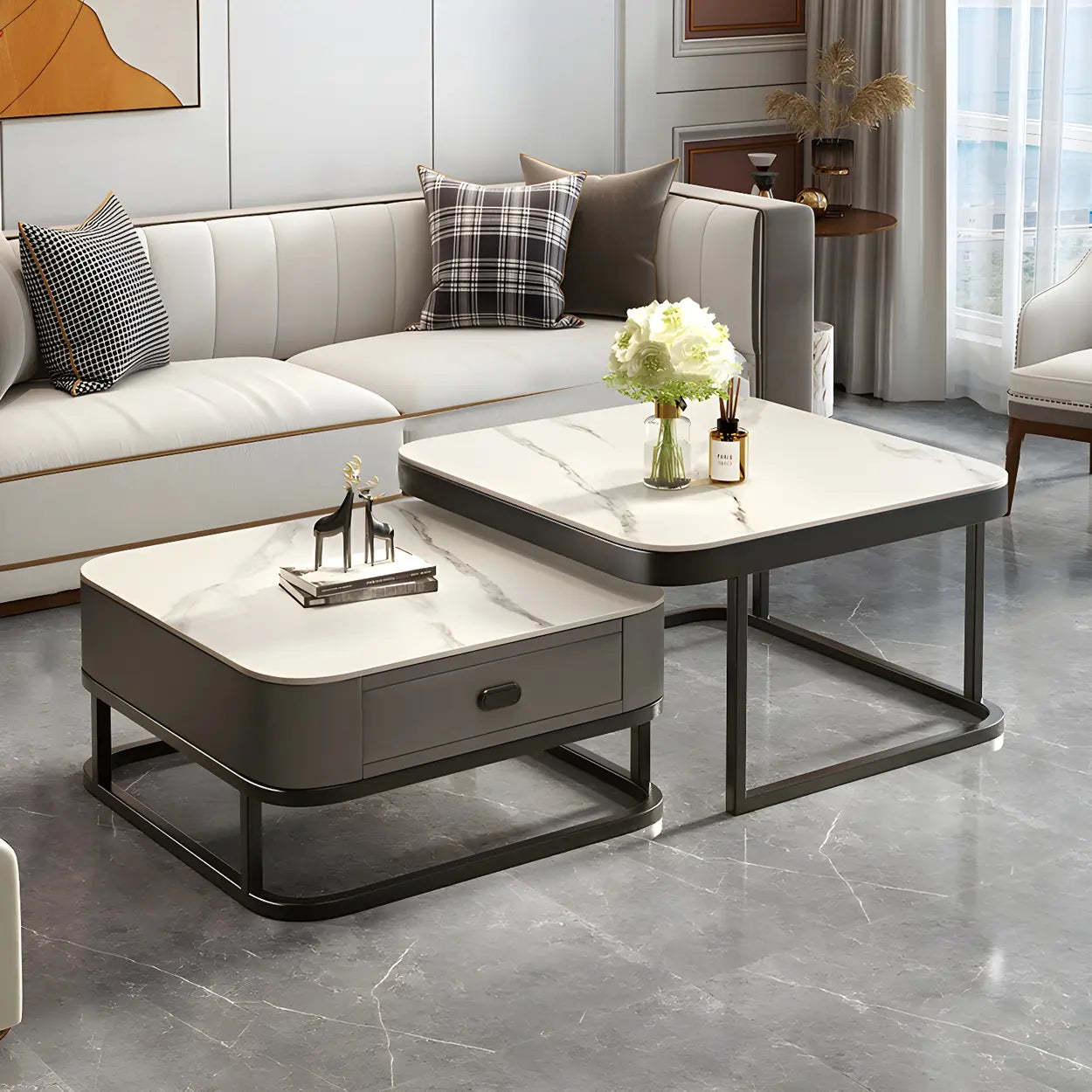 Square Stone Nesting Coffee Tables with Iron Frame