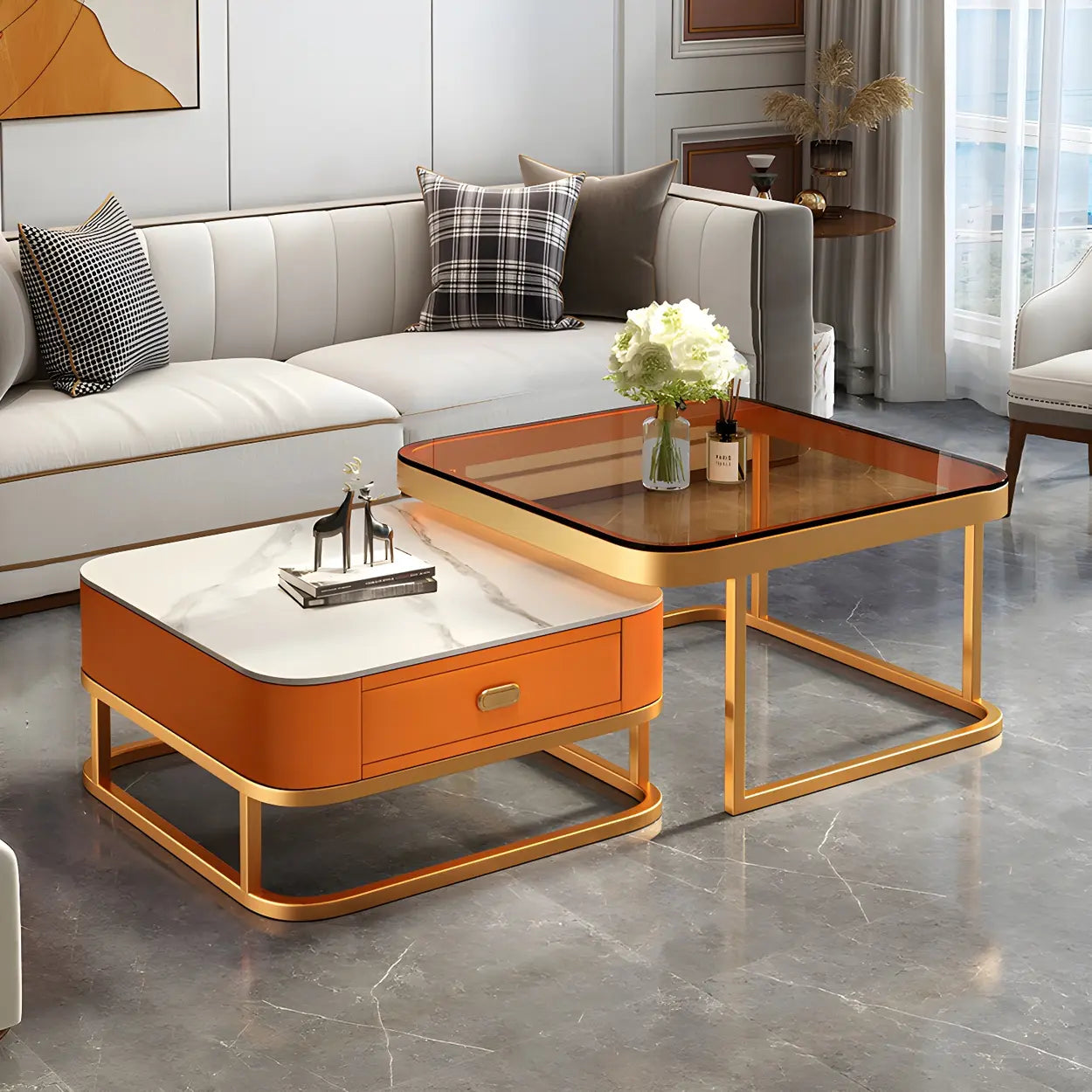Square Stone Nesting Coffee Tables with Iron Frame — Black-White / Black