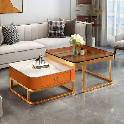Square Stone Nesting Coffee Tables with Iron Frame — Black-White / Black