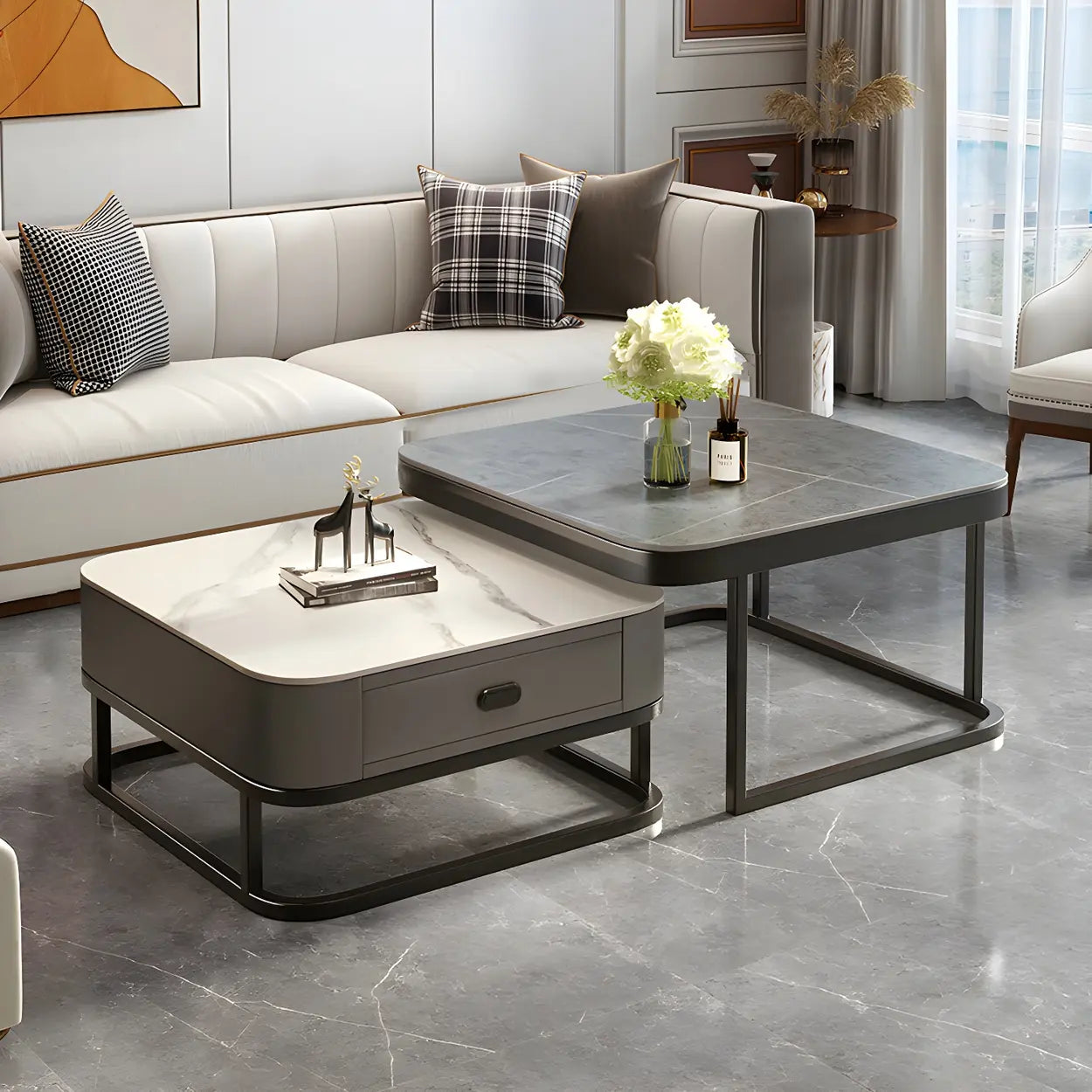 Square Stone Nesting Coffee Tables with Iron Frame