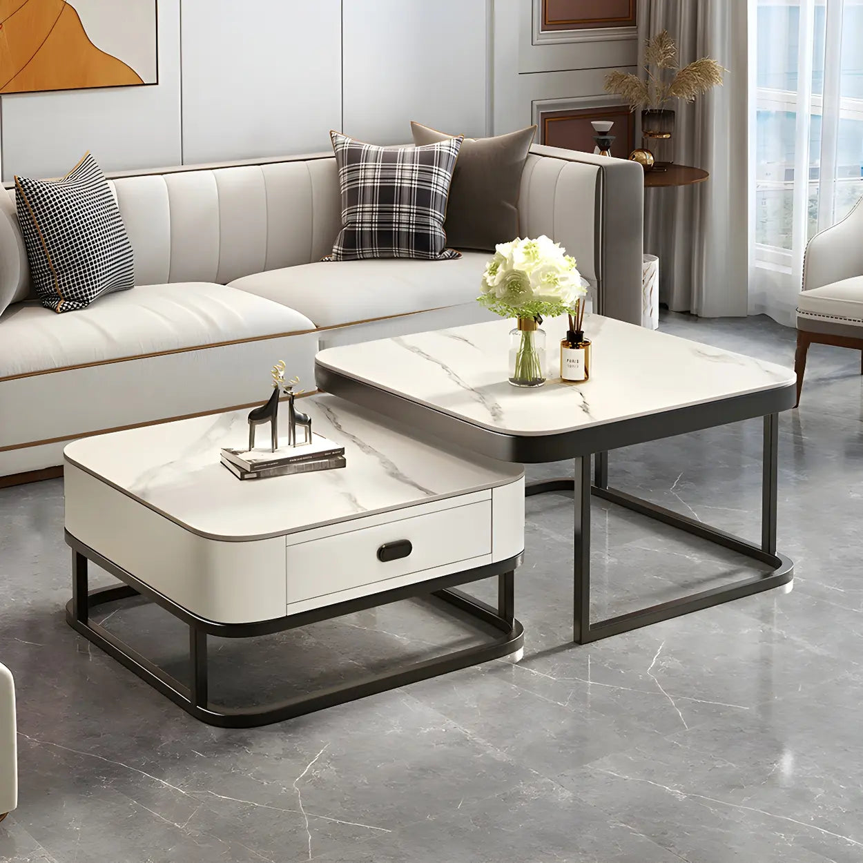 Square Stone Nesting Coffee Tables with Iron Frame