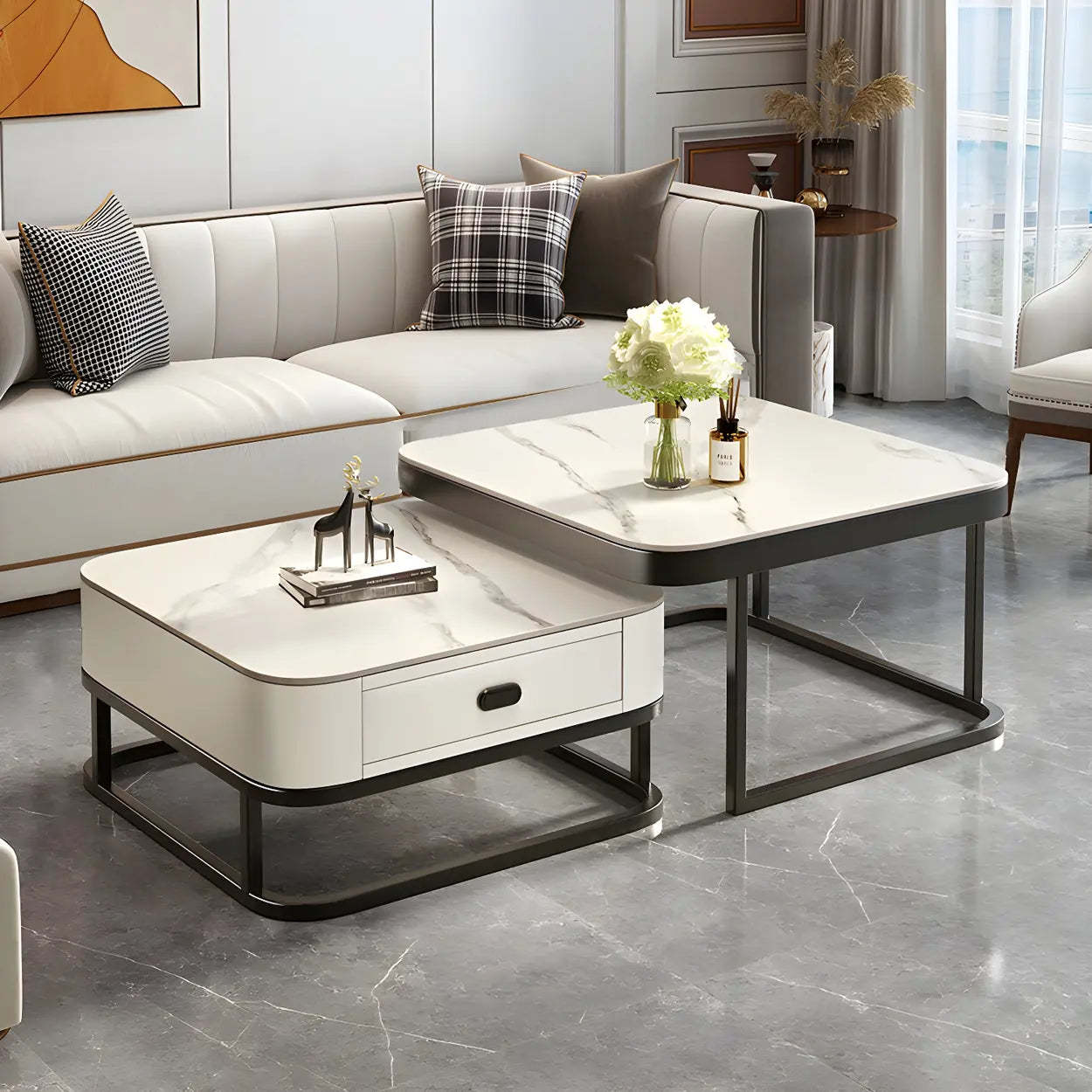 Square Stone Nesting Coffee Tables with Iron Frame