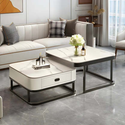 Square Stone Nesting Coffee Tables with Iron Frame