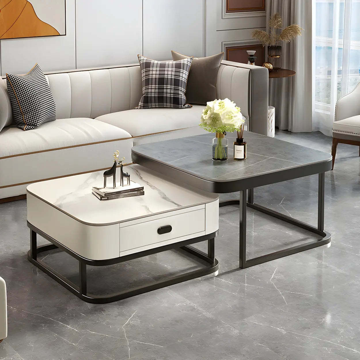 Square Stone Nesting Coffee Tables with Iron Frame