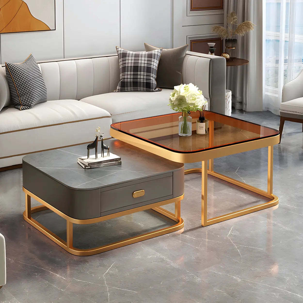 Square Stone Nesting Coffee Tables with Iron Frame