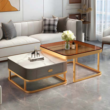 Square Stone Nesting Coffee Tables with Iron Frame