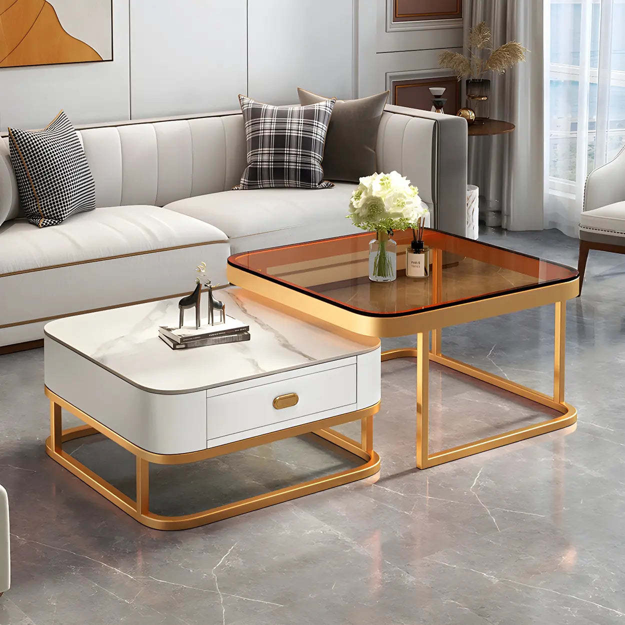 Square Stone Nesting Coffee Tables with Iron Frame