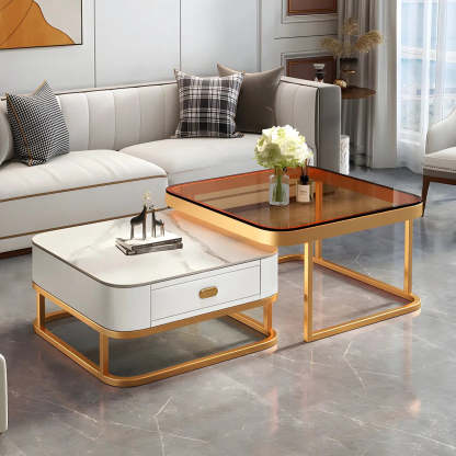 Square Stone Nesting Coffee Tables with Iron Frame