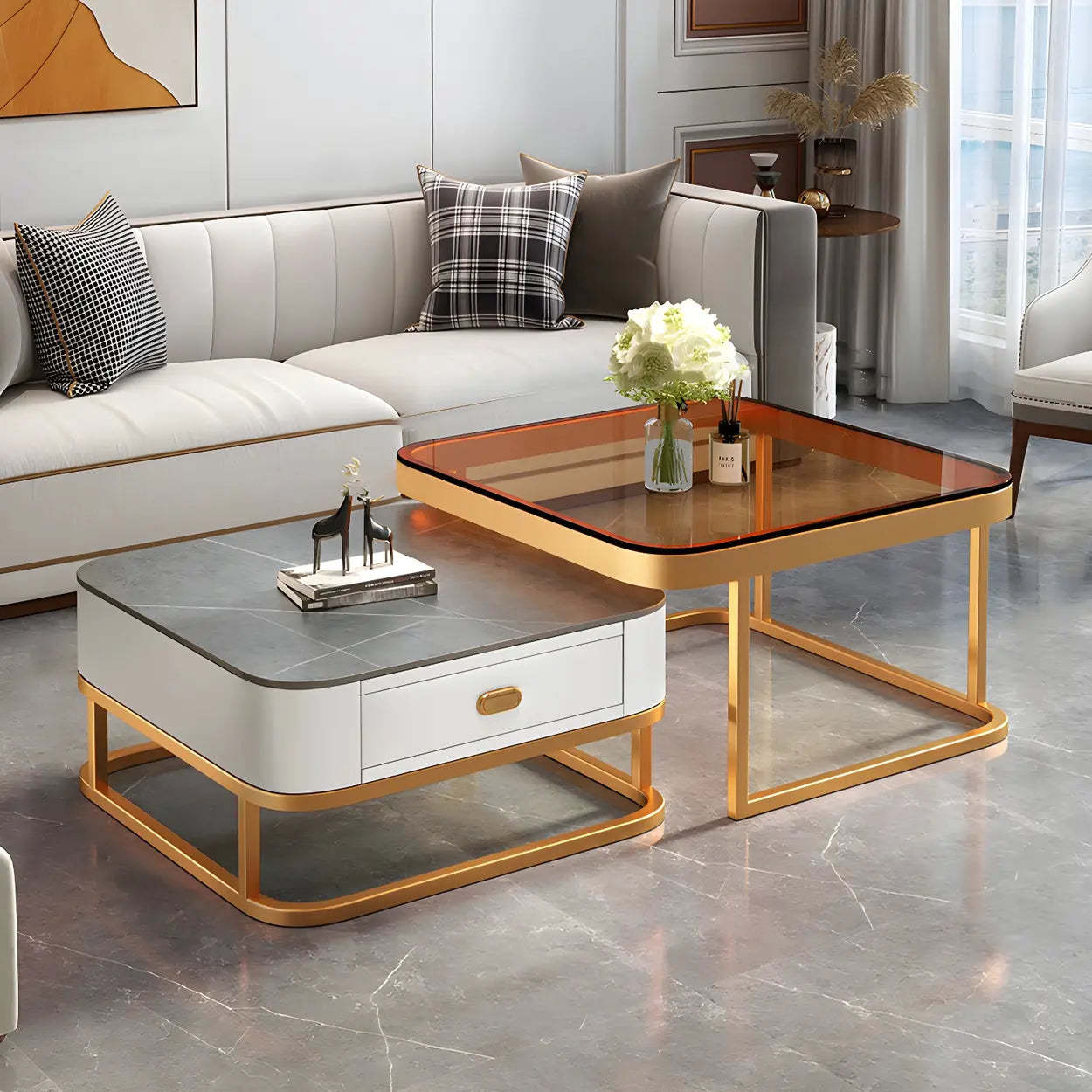 Square Stone Nesting Coffee Tables with Iron Frame