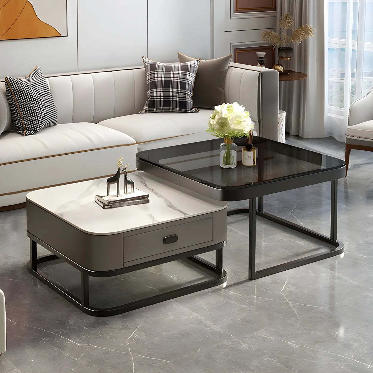 Square Stone Nesting Coffee Tables with Iron Frame — White / Gold