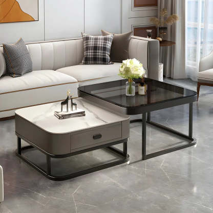 Square Stone Nesting Coffee Tables with Iron Frame — White / Gold