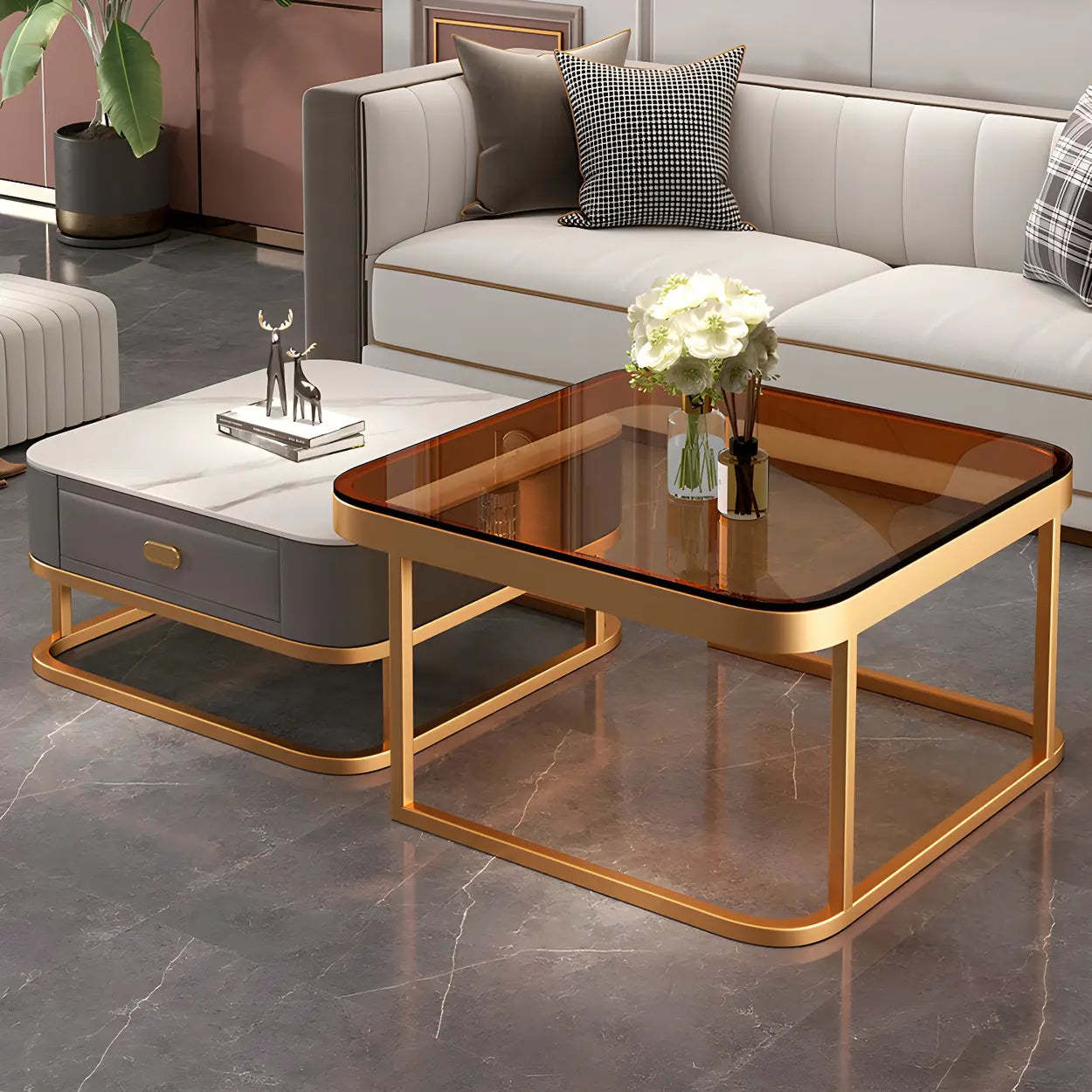 Square Stone Nesting Coffee Tables with Iron Frame — Black/White/Gray / Black