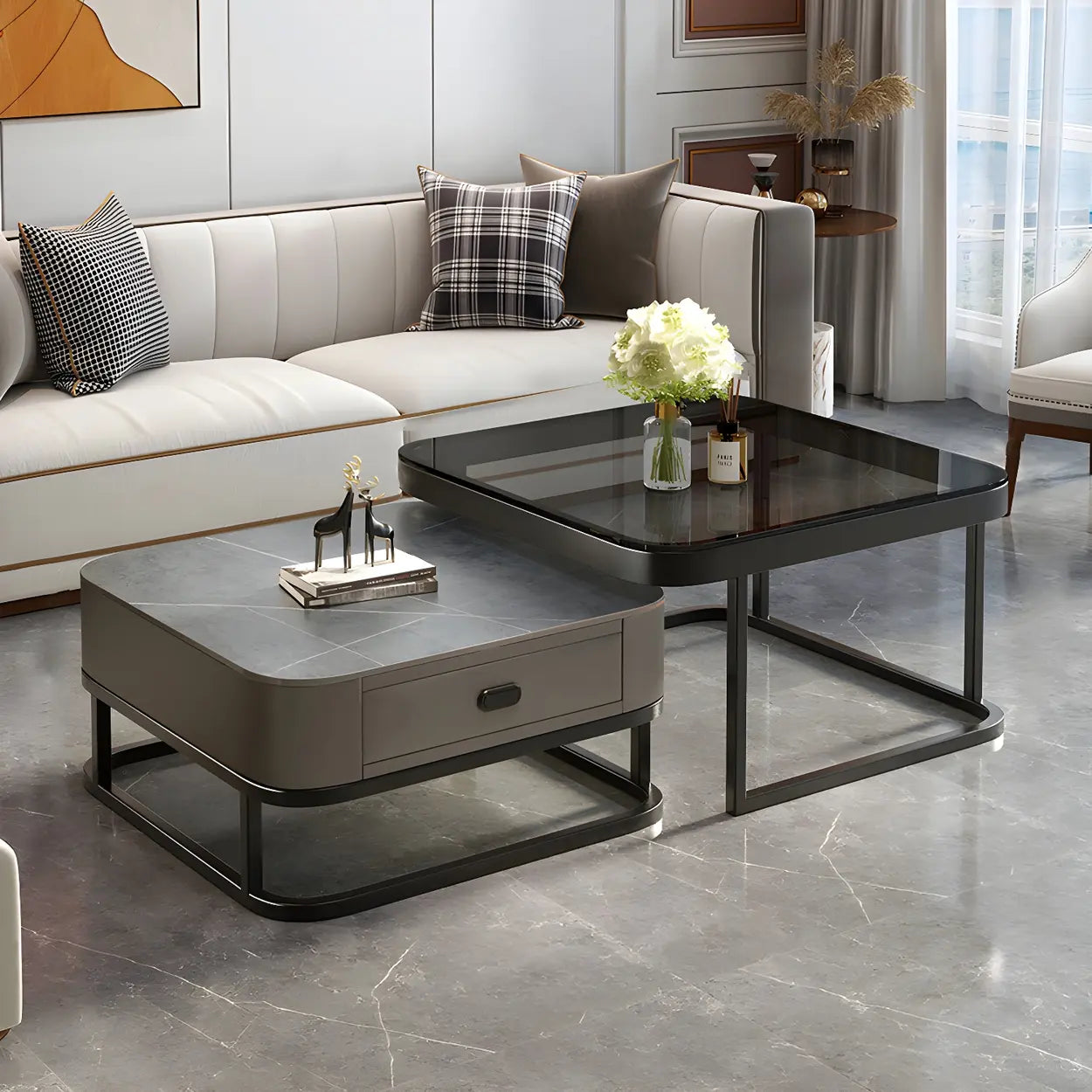Square Stone Nesting Coffee Tables with Iron Frame — Black/ Gray / Black