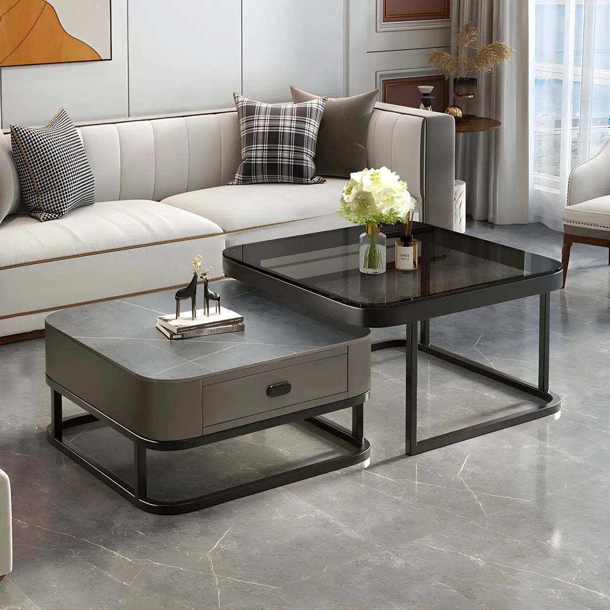 Square Stone Nesting Coffee Tables with Iron Frame — Black/ Gray / Black