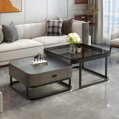 Square Stone Nesting Coffee Tables with Iron Frame — Black/ Gray / Black