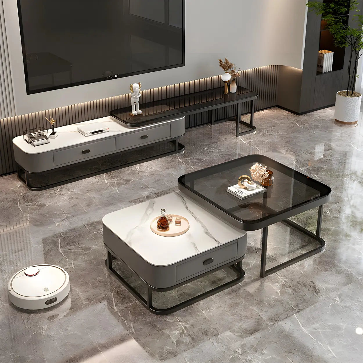 Square Stone Nesting Coffee Tables with Iron Frame — White-Gray / Black