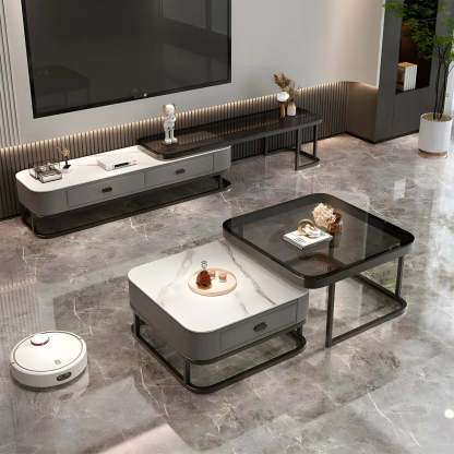 Square Stone Nesting Coffee Tables with Iron Frame — White-Gray / Black