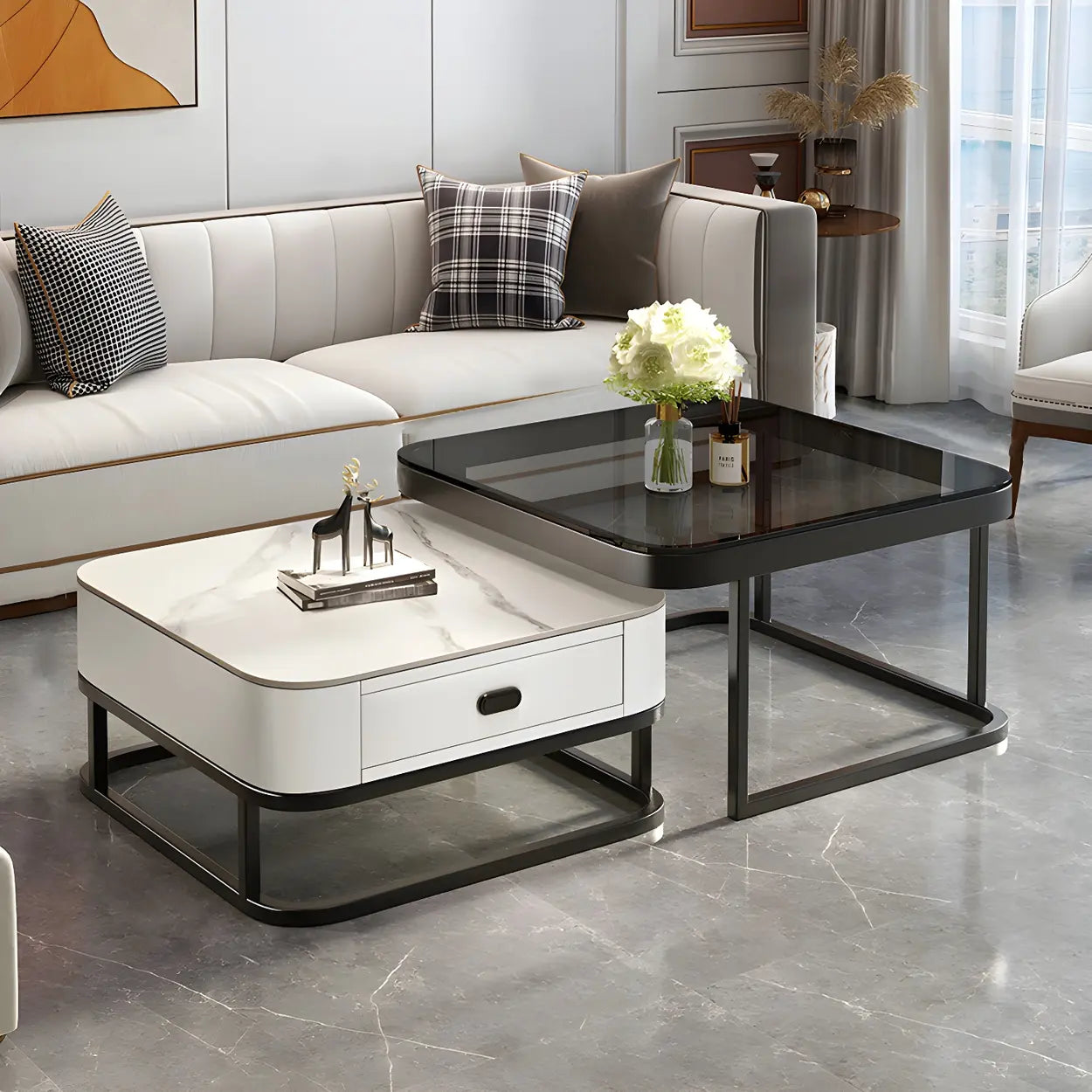Square Stone Nesting Coffee Tables with Iron Frame — White-Gray / Gold