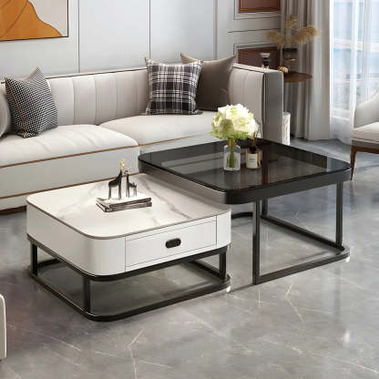Square Stone Nesting Coffee Tables with Iron Frame — White-Gray / Gold